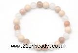 CGB8015 8mm white jade, white fossil jasper & sunstone beaded stretchy bracelets