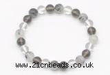 CGB8018 8mm white crystal, black rutilated quartz & smoky quartz beaded stretchy bracelets