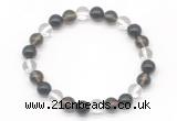 CGB8021 8mm white crystal, smoky quartz & black agate beaded stretchy bracelets