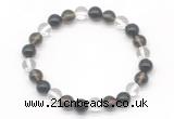 CGB8021 8mm white crystal, smoky quartz & black agate beaded stretchy bracelets