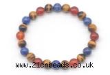 CGB8029 8mm yellow tiger eye, lapis lazuli & red agate beaded stretchy bracelets