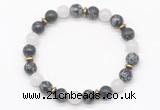 CGB8123 8mm snowflake obsidian, white jade & hematite power beads bracelet