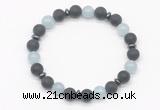 CGB8147 8mm matte black agate, aquamarine & hematite power beads bracelet