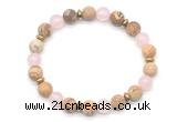 CGB8155 8mm matte picture jasper, rose quartz & hematite power beads bracelet