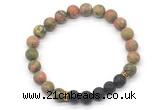 CGB8296 8mm matte unakite & black lava beaded mala stretchy bracelets