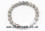 CGB8298 8mm matte dalmatian jasper & matte white howlite beaded mala stretchy bracelets