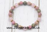 CGB8445 8mm pink wooden jasper, unakite, rose quartz & hematite power beads bracelet