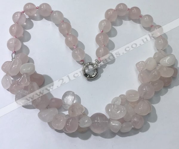 CGN370 19.5 inches round & chips rose quartz beaded necklaces