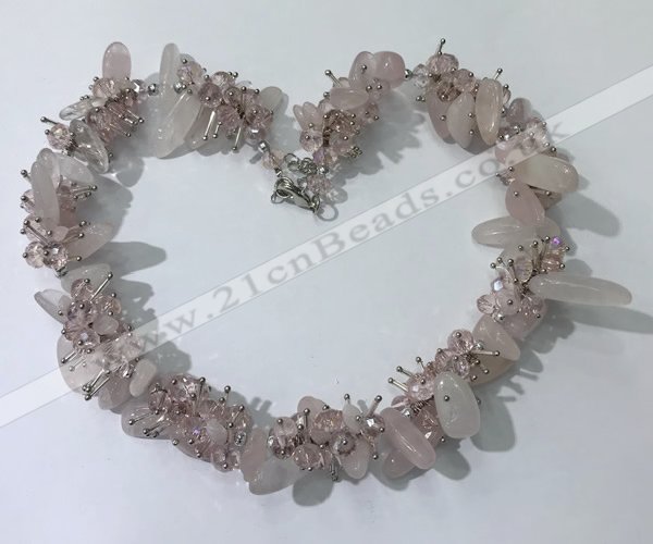 CGN400 19.5 inches chinese crystal & rose quartz chips beaded necklaces