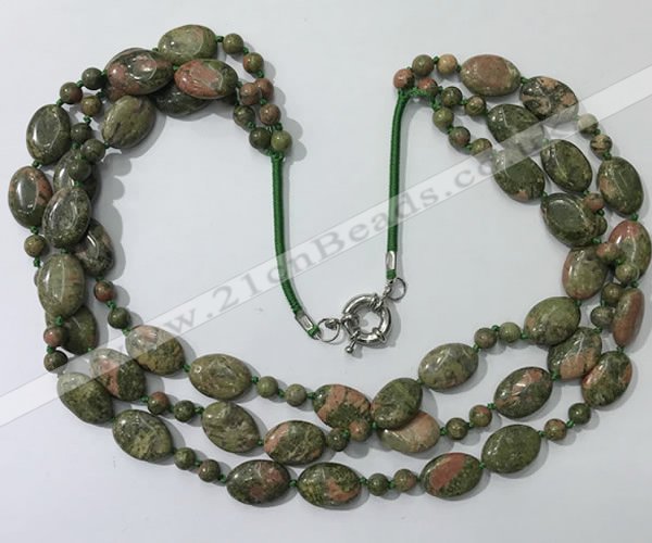 CGN802 23.5 inches stylish 3 rows round & oval unakite necklaces