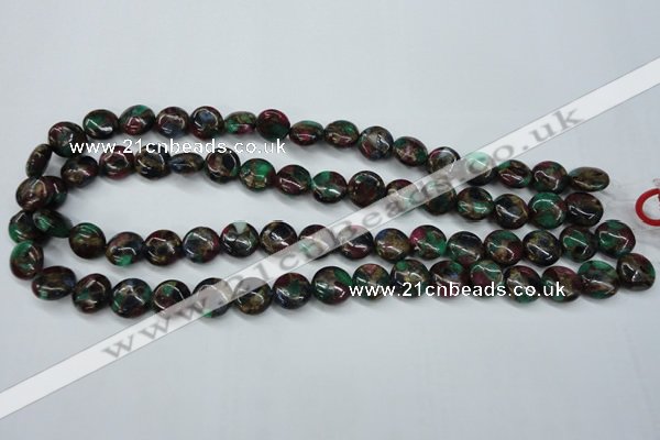 CGO32 15.5 inches 12mm flat round gold multi-color stone beads