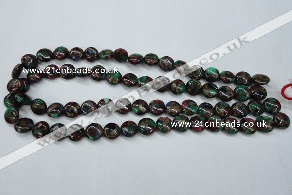 CGO33 15.5 inches 14mm flat round gold multi-color stone beads