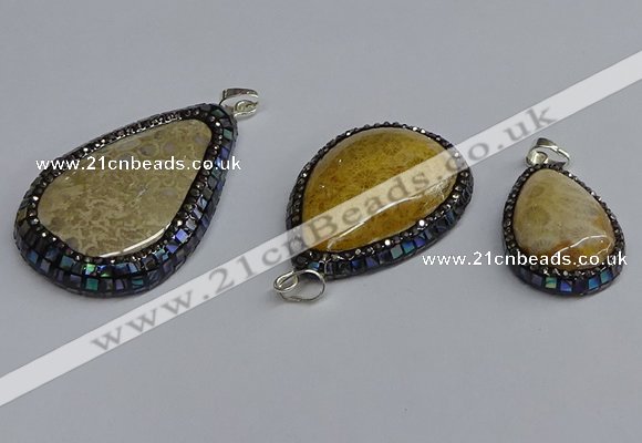 CGP3415 22*35mm - 35*50mm flat teardrop fossil coral pendants