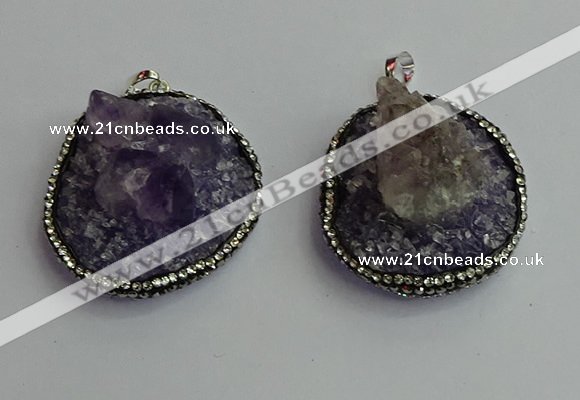 CGP366 30*40mm - 35*45mm freeform crystal glass & amethyst pendants