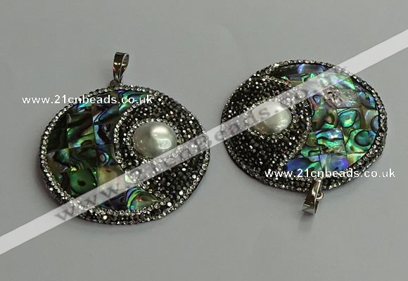 CGP710 45mm flat round abalone shell & shell pearl pendants