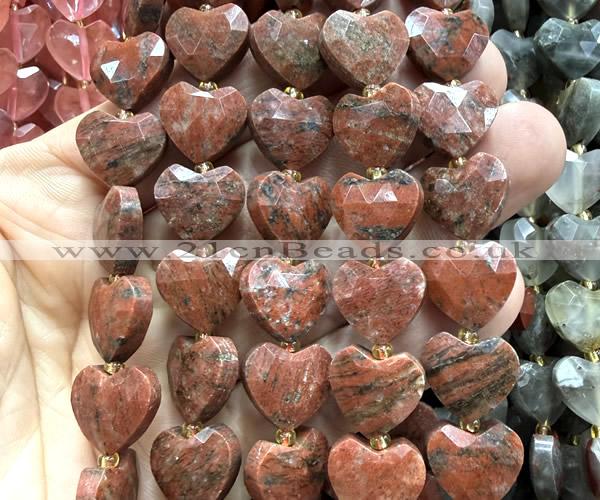 CHG364 15 inches 14mm faceted heart red sesame jasper beads