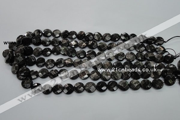 CHS18 15.5 inches 12mm faceted coin natural hypersthene beads