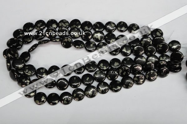 CJB158 15.5 inches 14mm flat round natural jet & pyrite gemstone beads