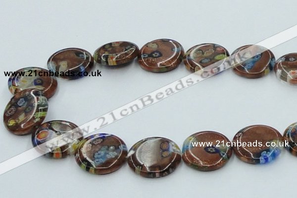 CLG555 16 inches 20mm flat round goldstone & lampwork glass beads