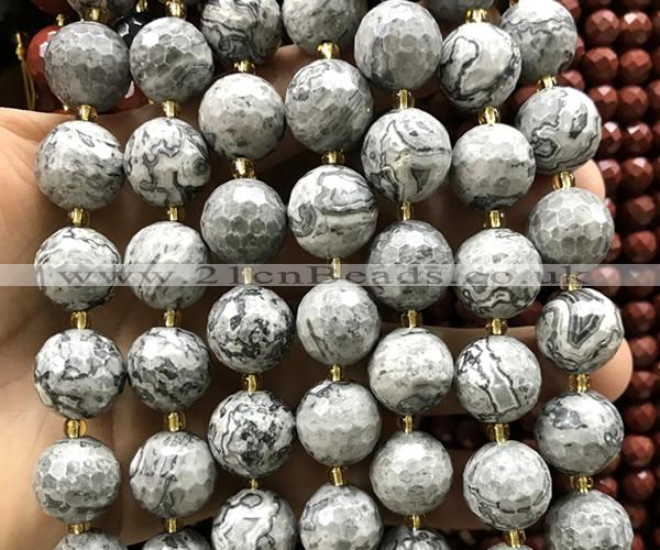 CLS417 15 inches 16mm faceted round grey picture jasper beads