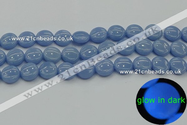 CLU133 15.5 inches 14mm flat round blue luminous stone beads