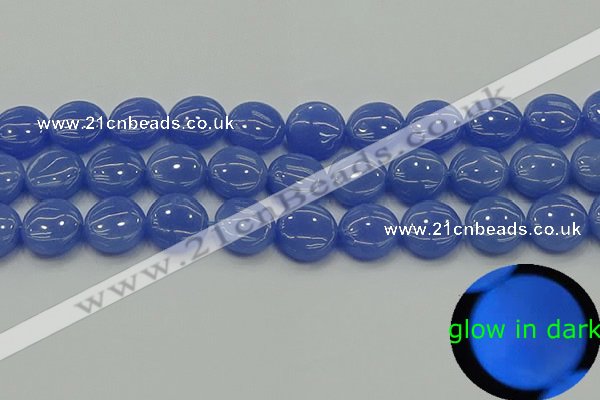 CLU173 15.5 inches 14mm flat round blue luminous stone beads