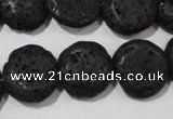 CLV498 15.5 inches 16mm flat round black lava beads wholesale