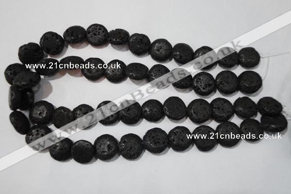 CLV498 15.5 inches 16mm flat round black lava beads wholesale