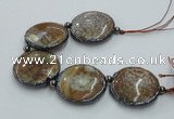 CNG2304 7.5 inches 35mm flat round agate beads with brass setting