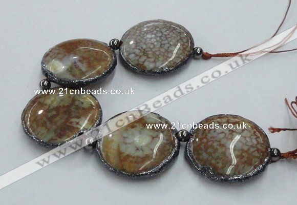 CNG2304 7.5 inches 35mm flat round agate beads with brass setting