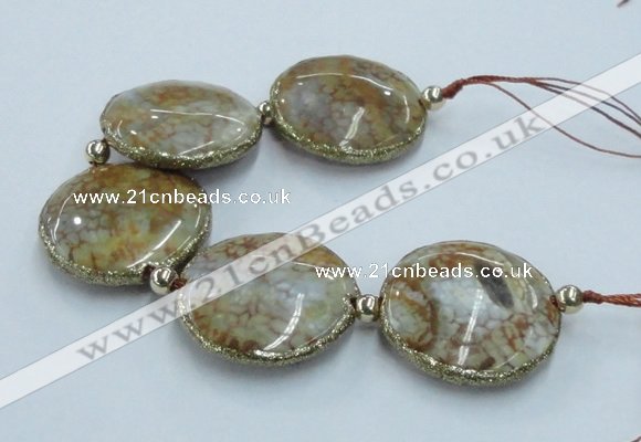 CNG2305 7.5 inches 35mm flat round agate beads with brass setting