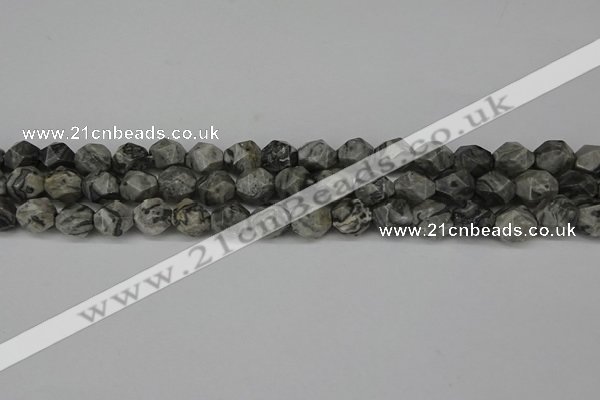 CNG6127 15.5 inches 8mm faceted nuggets grey picture jasper beads