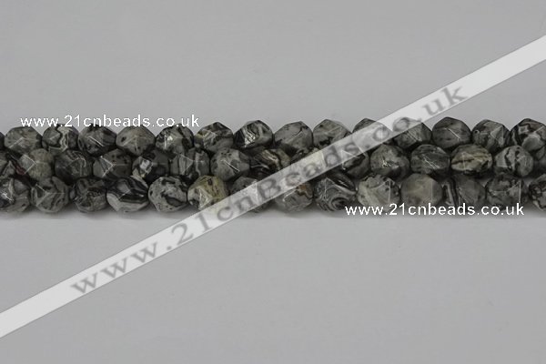 CNG6202 15.5 inches 10mm faceted nuggets grey picture jasper beads