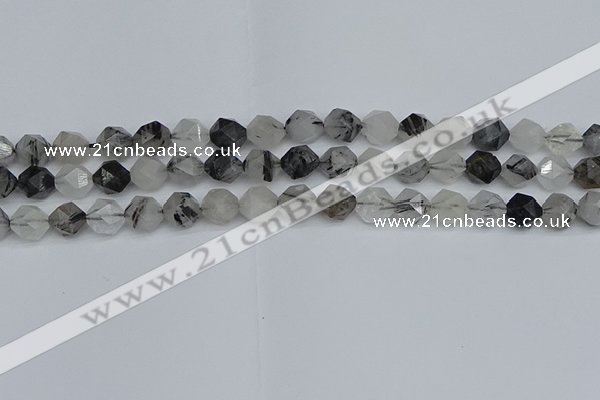 CNG7246 15.5 inches 8mm faceted nuggets black rutilated quartz beads