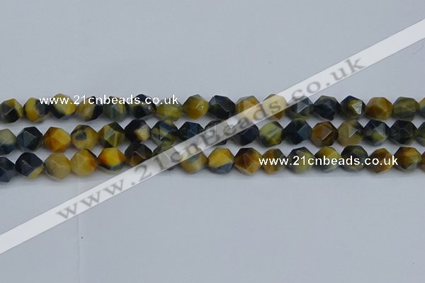 CNG7312 15.5 inches 10mm faceted nuggets golden & blue tiger eye beads