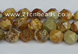 CNG7375 15.5 inches 6mm faceted nuggets picture jasper beads