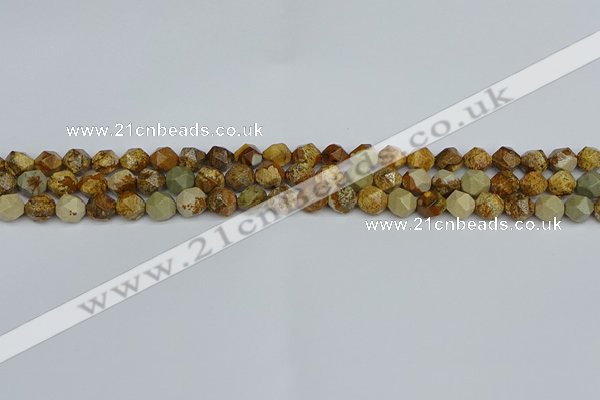 CNG7375 15.5 inches 6mm faceted nuggets picture jasper beads