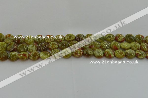 CNS622 15.5 inches 10mm flat round green dragon serpentine jasper beads
