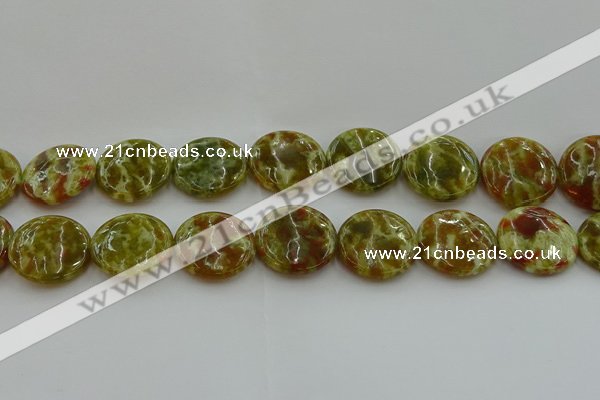 CNS627 15.5 inches 25mm flat round green dragon serpentine jasper beads