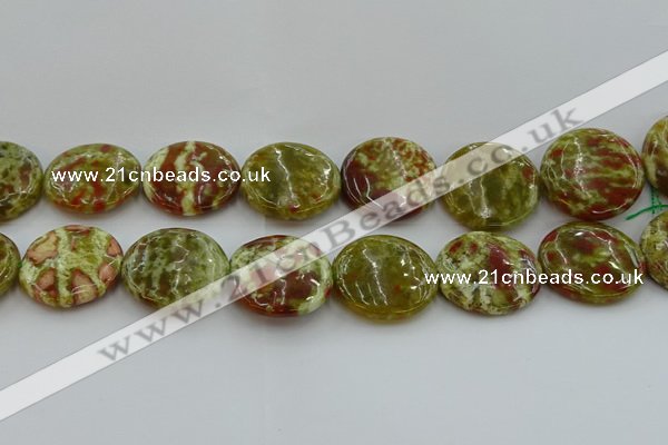 CNS628 15.5 inches 30mm flat round green dragon serpentine jasper beads