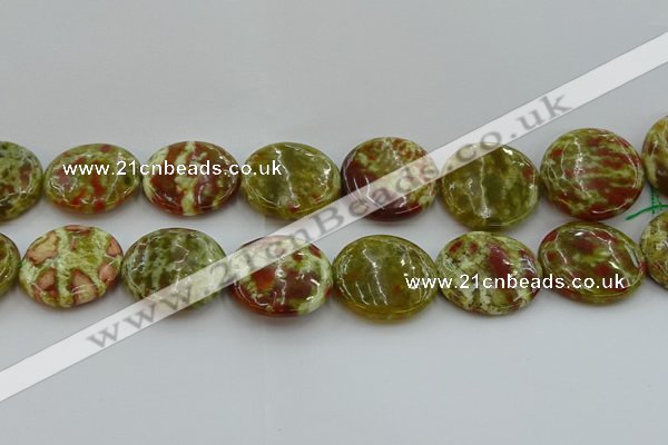 CNS629 15.5 inches 35mm flat round green dragon serpentine jasper beads