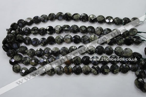 COP481 15.5 inches 12mm faceted coin natural grey opal beads