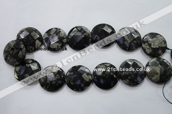 COP485 15.5 inches 30mm faceted coin natural grey opal beads