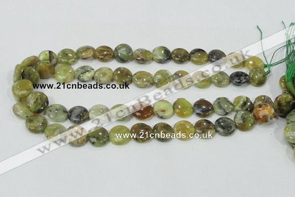 COP557 15.5 inches 14mm flat round natural yellow & green opal beads