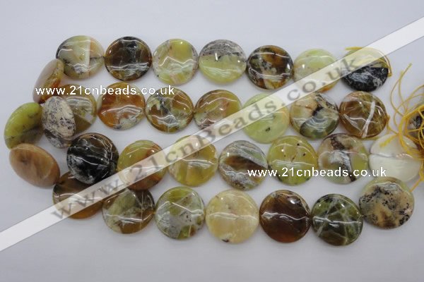 COP596 15.5 inches 25mm flat round natural yellow & green opal beads