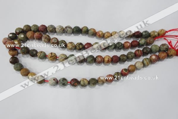 CPJ303 15.5 inches 10mm faceted round picasso jasper beads wholesale