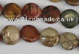 CPJ351 15.5 inches 14mm flat round picasso jasper gemstone beads