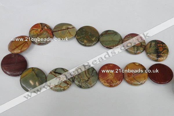 CPJ353 15.5 inches 30mm flat round picasso jasper gemstone beads