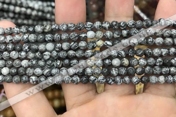 CPJ640 15.5 inches 4mm faceted round grey picture jasper beads