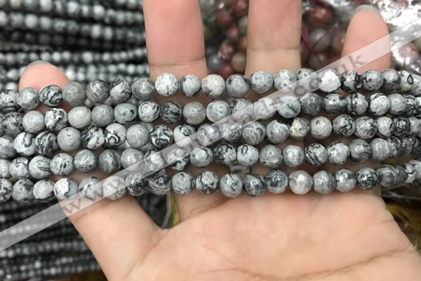 CPJ641 15.5 inches 6mm faceted round grey picture jasper beads